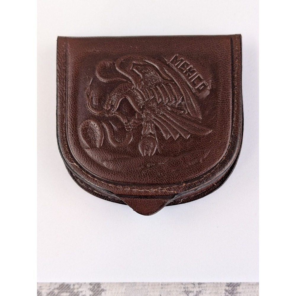 Vintage Mexico Embossed Leather Coin Purse Aztec Calendar Eagle Brown Wallet